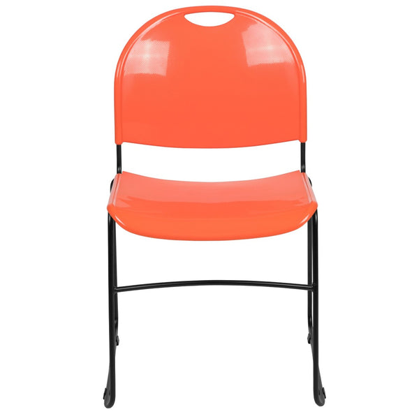 English Elm HERCULES Ultra-Compact Stack Chair with 880 lb Capacity, Chrome Frame, Ergonomic Design for Comfort Orange Plastic/Black Frame RUT-188-OR-GG