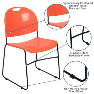 English Elm HERCULES Ultra-Compact Stack Chair with 880 lb Capacity, Chrome Frame, Ergonomic Design for Comfort Orange Plastic/Black Frame RUT-188-OR-GG