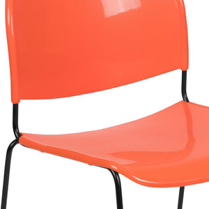 English Elm HERCULES Ultra-Compact Stack Chair with 880 lb Capacity, Chrome Frame, Ergonomic Design for Comfort Orange Plastic/Black Frame RUT-188-OR-GG