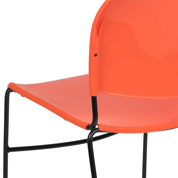English Elm HERCULES Ultra-Compact Stack Chair with 880 lb Capacity, Chrome Frame, Ergonomic Design for Comfort Orange Plastic/Black Frame RUT-188-OR-GG