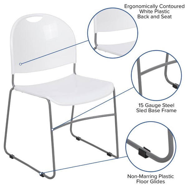 English Elm HERCULES Ultra-Compact Stack Chair with 880 lb Capacity, Chrome Frame, Ergonomic Design for Comfort White Plastic/Silver Frame RUT-188-WH-GG