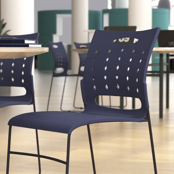 English Elm HERCULES 881 lb. Capacity Stack Chair with Air-Vent Back for Comfort in Training Rooms and Events Navy RUT-2-NVY-BK-GG