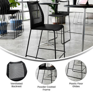 English Elm HERCULES Stackable Bar Stool with Ventilated Backrest for Comfort in Cafes and Event Spaces Black Plastic/Black Frame RUT-498A-BS-BK-GG