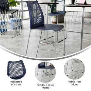 English Elm HERCULES Stackable Bar Stool with Ventilated Backrest for Comfort in Cafes and Event Spaces Navy Plastic/Gray Frame RUT-498A-BS-NV-GG