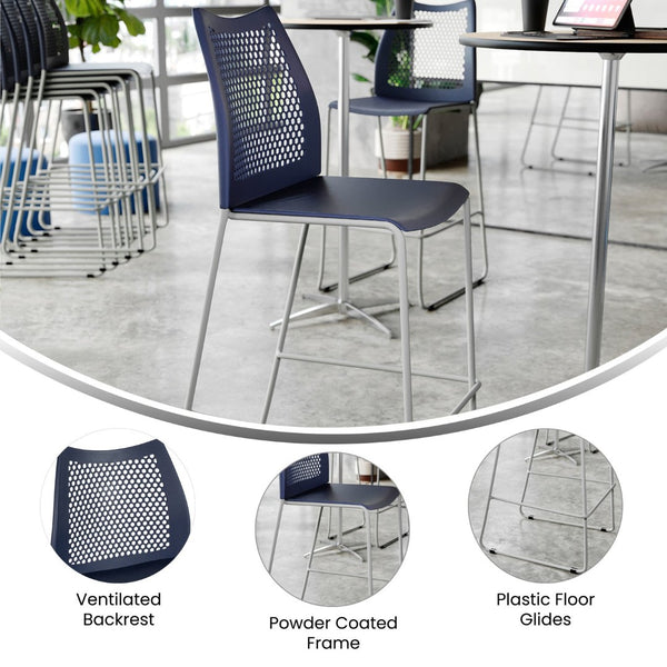 English Elm HERCULES Stackable Bar Stool with Ventilated Backrest for Comfort in Cafes and Event Spaces Navy Plastic/Gray Frame RUT-498A-BS-NV-GG