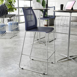 English Elm HERCULES Stackable Bar Stool with Ventilated Backrest for Comfort in Cafes and Event Spaces Navy Plastic/Gray Frame RUT-498A-BS-NV-GG