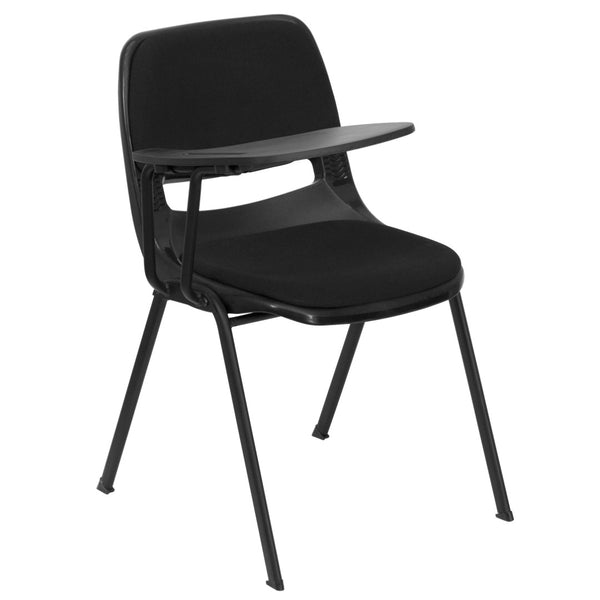 English Elm HERCULES Black Padded Ergonomic Shell Chair with Flip-Up Tablet Arm for Space-Saving Comfort RUT-EO1-01-PAD-RTAB-GG