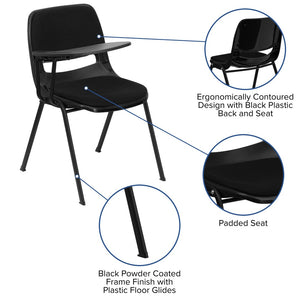 English Elm HERCULES Black Padded Ergonomic Shell Chair with Flip-Up Tablet Arm for Space-Saving Comfort RUT-EO1-01-PAD-RTAB-GG