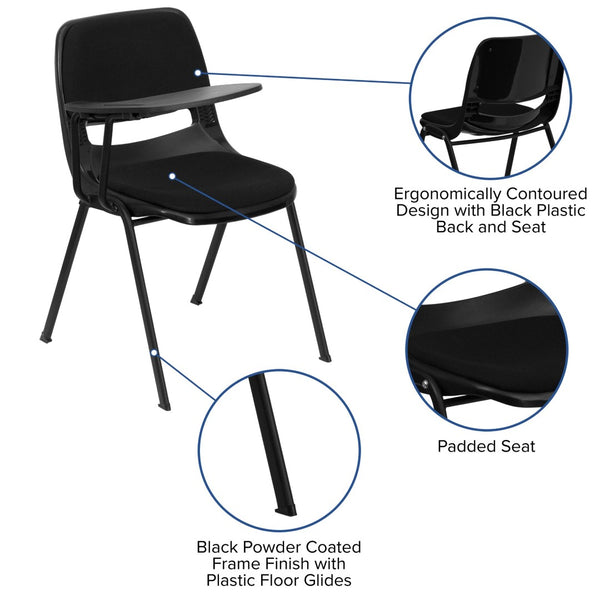 English Elm HERCULES Black Padded Ergonomic Shell Chair with Flip-Up Tablet Arm for Space-Saving Comfort RUT-EO1-01-PAD-RTAB-GG