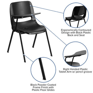 English Elm HERCULES Ergonomic Shell Chair with Flip-Up Tablet Arm for Classrooms and Multipurpose Spaces Black RUT-EO1-BK-RTAB-GG