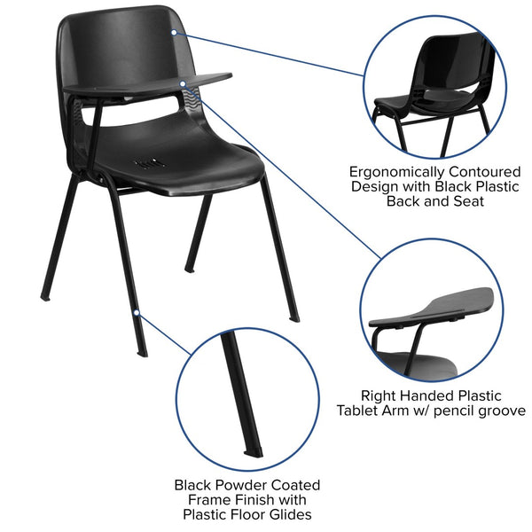 English Elm HERCULES Ergonomic Shell Chair with Flip-Up Tablet Arm for Classrooms and Multipurpose Spaces Black RUT-EO1-BK-RTAB-GG