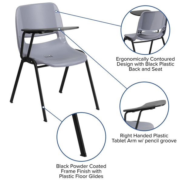 English Elm HERCULES Ergonomic Shell Chair with Flip-Up Tablet Arm for Classrooms and Multipurpose Spaces Gray RUT-EO1-GY-RTAB-GG