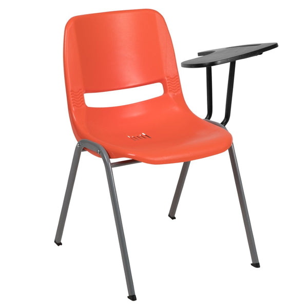 English Elm HERCULES Ergonomic Shell Chair with Left-Handed Flip-Up Tablet Arm for Space-Saving Comfort & Style Orange RUT-EO1-OR-LTAB-GG