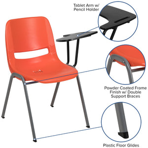 English Elm HERCULES Ergonomic Shell Chair with Left-Handed Flip-Up Tablet Arm for Space-Saving Comfort & Style Orange RUT-EO1-OR-LTAB-GG