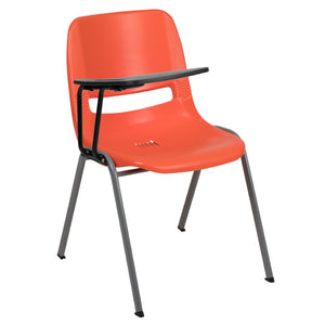 English Elm HERCULES Ergonomic Shell Chair with Flip-Up Tablet Arm for Classrooms and Multipurpose Spaces Orange RUT-EO1-OR-RTAB-GG