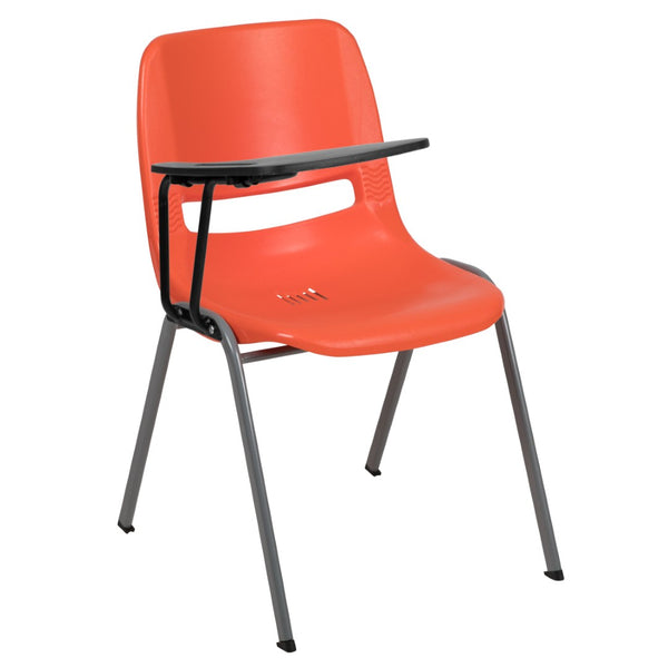 English Elm HERCULES Ergonomic Shell Chair with Flip-Up Tablet Arm for Classrooms and Multipurpose Spaces Orange RUT-EO1-OR-RTAB-GG