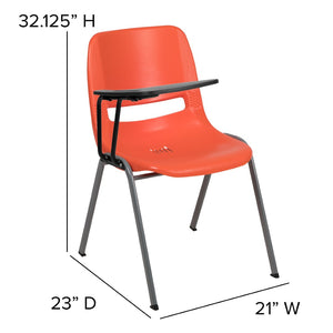 English Elm HERCULES Ergonomic Shell Chair with Flip-Up Tablet Arm for Classrooms and Multipurpose Spaces Orange RUT-EO1-OR-RTAB-GG