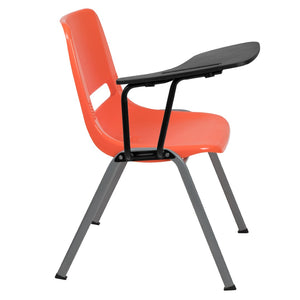 English Elm HERCULES Ergonomic Shell Chair with Flip-Up Tablet Arm for Classrooms and Multipurpose Spaces Orange RUT-EO1-OR-RTAB-GG
