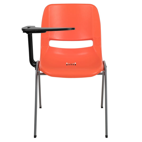English Elm HERCULES Ergonomic Shell Chair with Flip-Up Tablet Arm for Classrooms and Multipurpose Spaces Orange RUT-EO1-OR-RTAB-GG