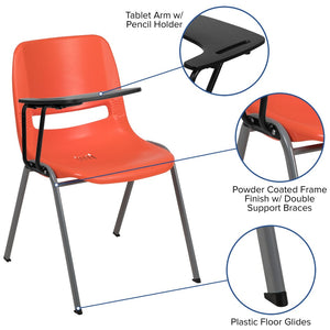English Elm HERCULES Ergonomic Shell Chair with Flip-Up Tablet Arm for Classrooms and Multipurpose Spaces Orange RUT-EO1-OR-RTAB-GG
