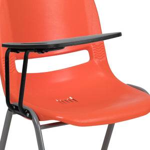 English Elm HERCULES Ergonomic Shell Chair with Flip-Up Tablet Arm for Classrooms and Multipurpose Spaces Orange RUT-EO1-OR-RTAB-GG