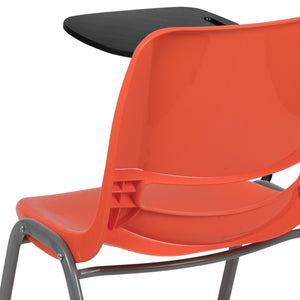 English Elm HERCULES Ergonomic Shell Chair with Flip-Up Tablet Arm for Classrooms and Multipurpose Spaces Orange RUT-EO1-OR-RTAB-GG