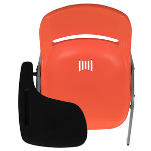 English Elm HERCULES Ergonomic Shell Chair with Flip-Up Tablet Arm for Classrooms and Multipurpose Spaces Orange RUT-EO1-OR-RTAB-GG