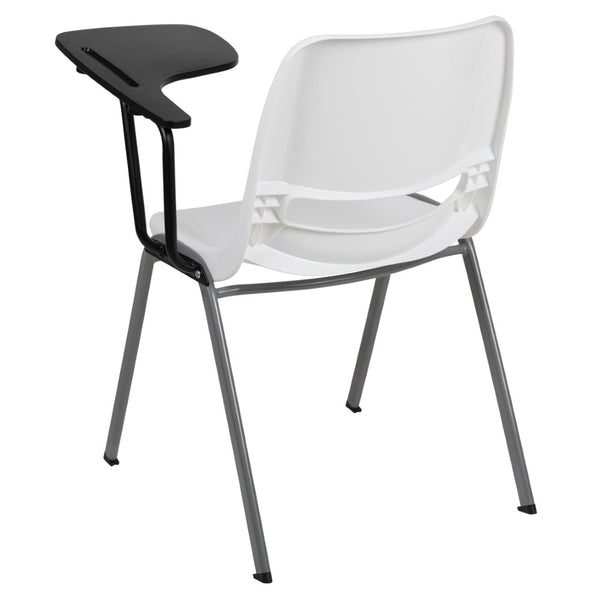 English Elm HERCULES Ergonomic Shell Chair with Left-Handed Flip-Up Tablet Arm for Space-Saving Comfort & Style White RUT-EO1-WH-LTAB-GG