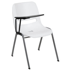 English Elm HERCULES Ergonomic Shell Chair with Flip-Up Tablet Arm for Classrooms and Multipurpose Spaces White RUT-EO1-WH-RTAB-GG