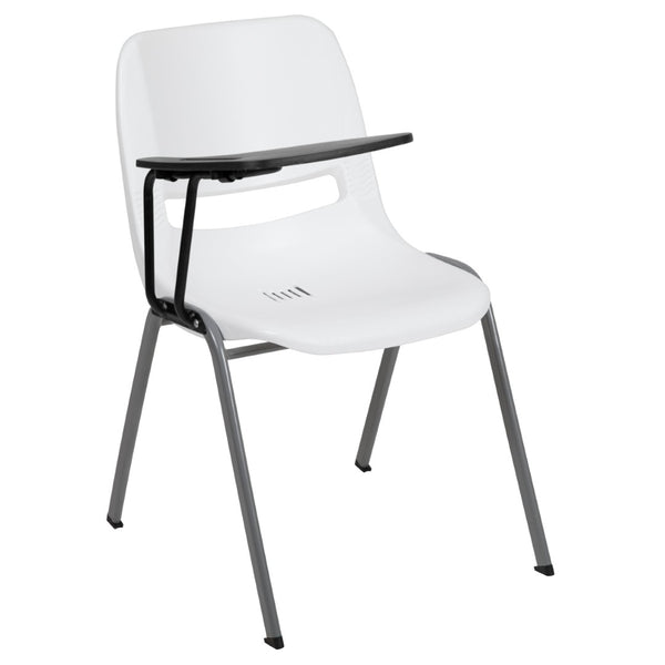 English Elm HERCULES Ergonomic Shell Chair with Flip-Up Tablet Arm for Classrooms and Multipurpose Spaces White RUT-EO1-WH-RTAB-GG