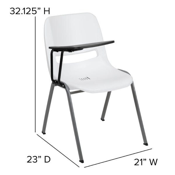 English Elm HERCULES Ergonomic Shell Chair with Flip-Up Tablet Arm for Classrooms and Multipurpose Spaces White RUT-EO1-WH-RTAB-GG