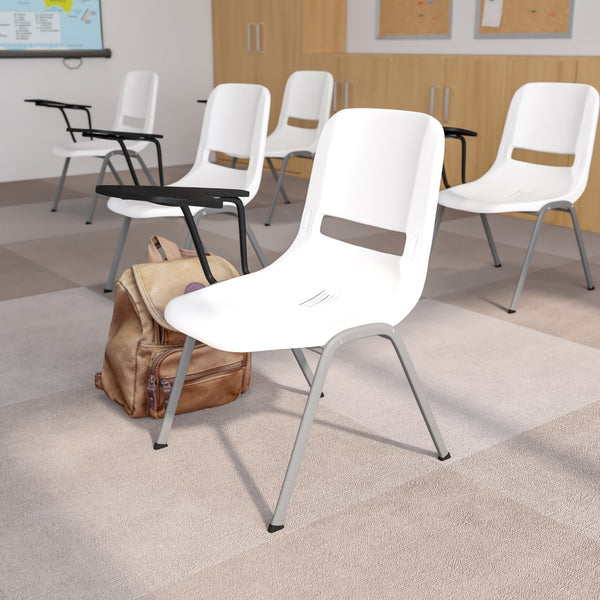 English Elm HERCULES Ergonomic Shell Chair with Flip-Up Tablet Arm for Classrooms and Multipurpose Spaces White RUT-EO1-WH-RTAB-GG
