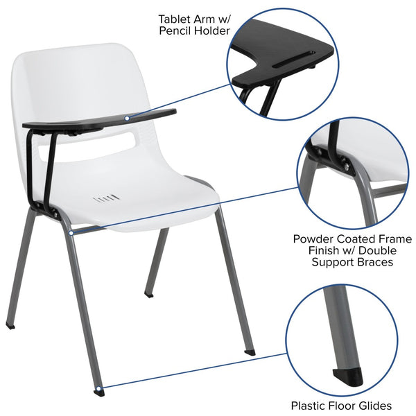 English Elm HERCULES Ergonomic Shell Chair with Flip-Up Tablet Arm for Classrooms and Multipurpose Spaces White RUT-EO1-WH-RTAB-GG