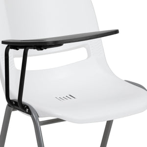 English Elm HERCULES Ergonomic Shell Chair with Flip-Up Tablet Arm for Classrooms and Multipurpose Spaces White RUT-EO1-WH-RTAB-GG