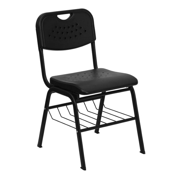 English Elm HERCULES 880 lb. Capacity Ergonomic Black Plastic Chair with Book Basket for Classroom Use RUT-GK01-BK-BAS-GG