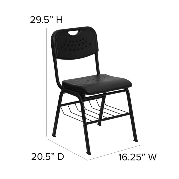 English Elm HERCULES 880 lb. Capacity Ergonomic Black Plastic Chair with Book Basket for Classroom Use RUT-GK01-BK-BAS-GG
