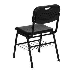 English Elm HERCULES 880 lb. Capacity Ergonomic Black Plastic Chair with Book Basket for Classroom Use RUT-GK01-BK-BAS-GG