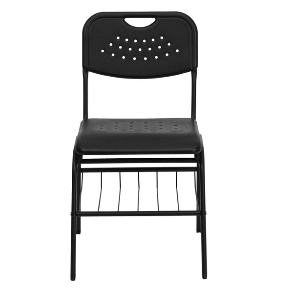 English Elm HERCULES 880 lb. Capacity Ergonomic Black Plastic Chair with Book Basket for Classroom Use RUT-GK01-BK-BAS-GG