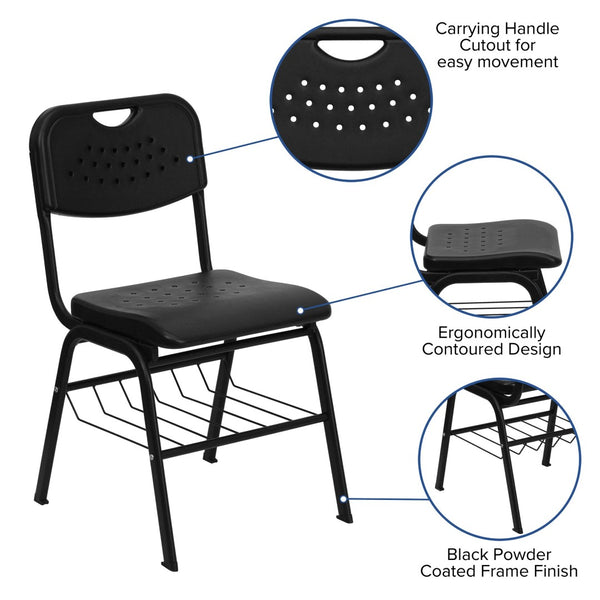 English Elm HERCULES 880 lb. Capacity Ergonomic Black Plastic Chair with Book Basket for Classroom Use RUT-GK01-BK-BAS-GG