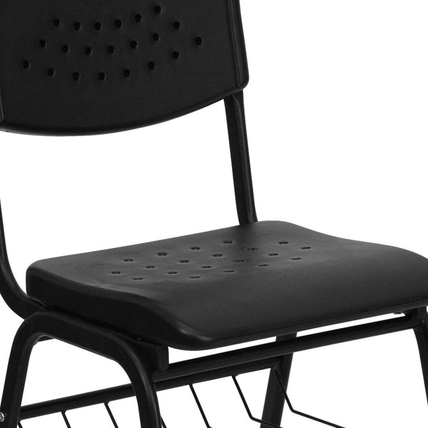 English Elm HERCULES 880 lb. Capacity Ergonomic Black Plastic Chair with Book Basket for Classroom Use RUT-GK01-BK-BAS-GG
