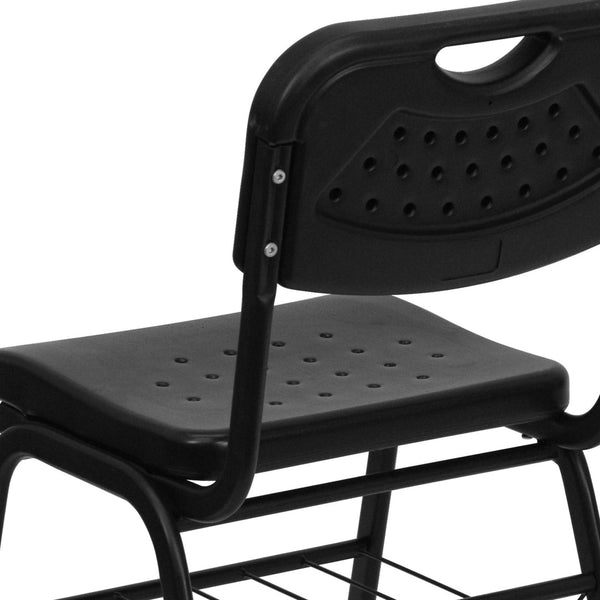 English Elm HERCULES 880 lb. Capacity Ergonomic Black Plastic Chair with Book Basket for Classroom Use RUT-GK01-BK-BAS-GG