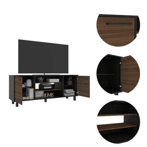 English Elm Kaia 58.6" TV Stand for TVs up to 65" - Black/Pine Particle Board, 3 Open Shelves + 2 Cabinets Spacious Storage B20092087