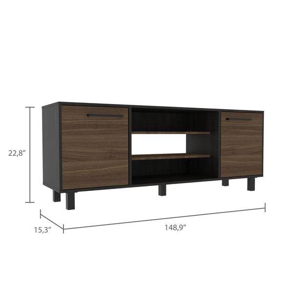 English Elm Kaia 58.6" TV Stand for TVs up to 65" - Black/Pine Particle Board, 3 Open Shelves + 2 Cabinets Spacious Storage B20092087