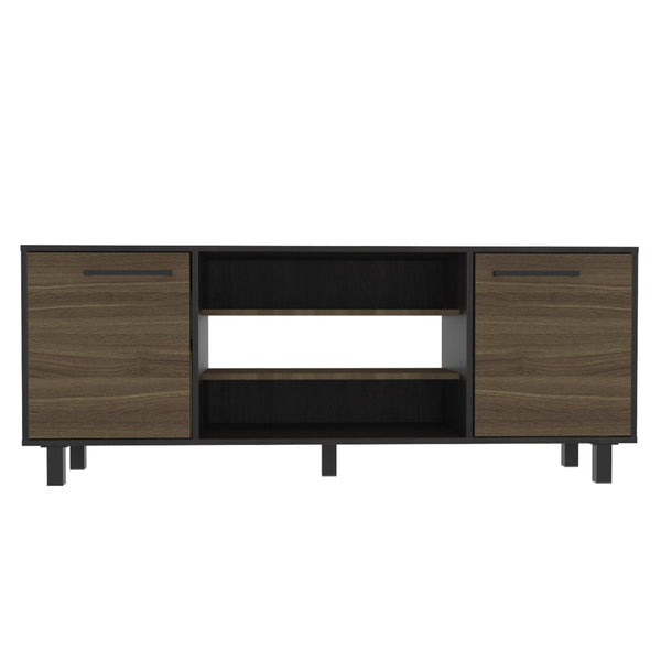 English Elm Kaia 58.6" TV Stand for TVs up to 65" - Black/Pine Particle Board, 3 Open Shelves + 2 Cabinets Spacious Storage B20092087