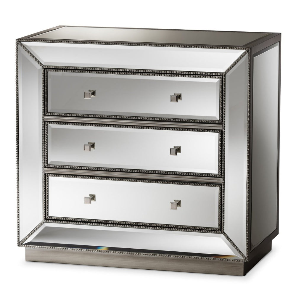 Baxton Studio Baxton Studio Edeline Glamour Mirrored 3-Drawer Cabinet with Beaded Trim & Crystal Pulls for Storage RXF-679