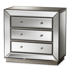 Baxton Studio Baxton Studio Edeline Glamour Mirrored 3-Drawer Cabinet with Beaded Trim & Crystal Pulls for Storage RXF-679
