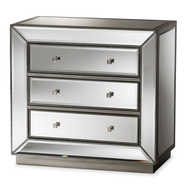 Baxton Studio Baxton Studio Edeline Glamour Mirrored 3-Drawer Cabinet with Beaded Trim & Crystal Pulls for Storage RXF-679