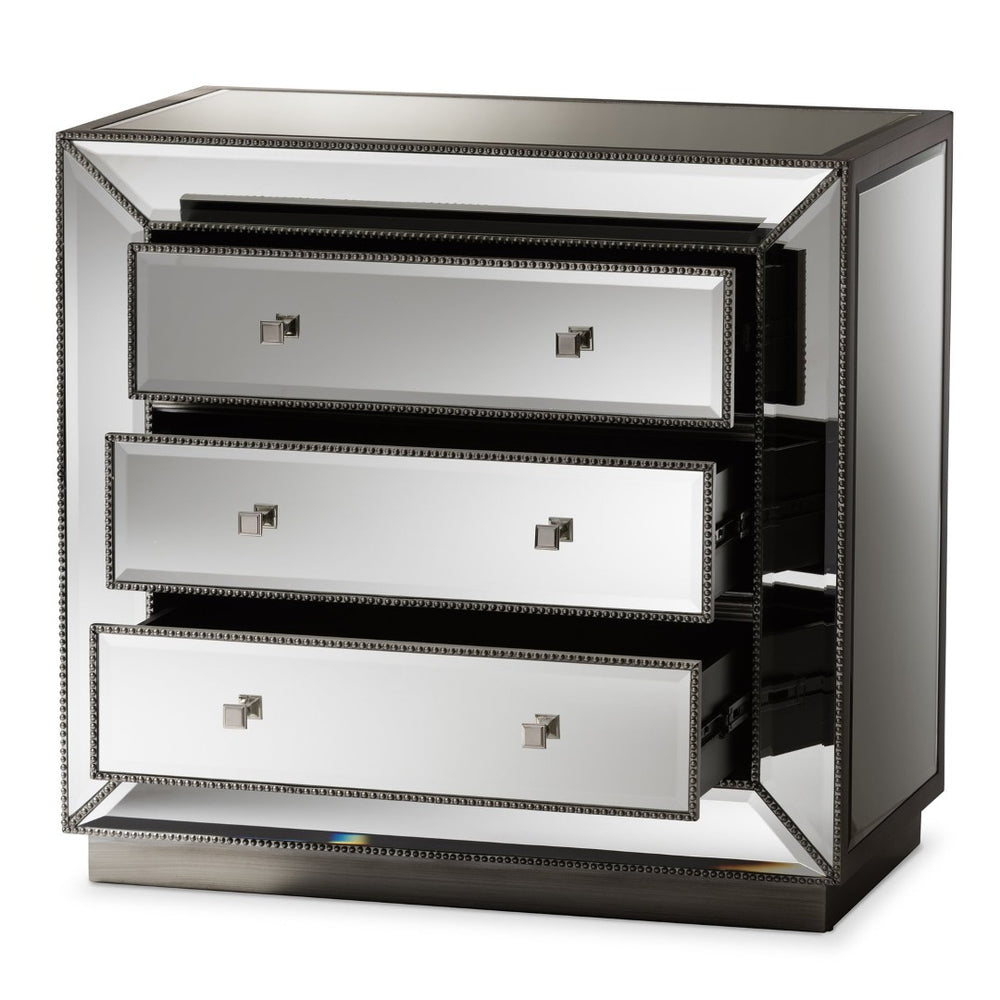 Baxton Studio Baxton Studio Edeline Glamour Mirrored 3-Drawer Cabinet with Beaded Trim & Crystal Pulls for Storage RXF-679