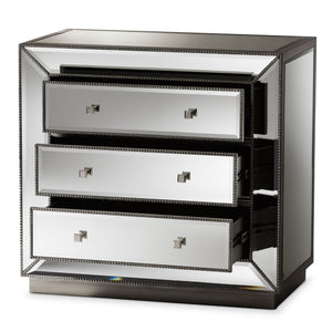 Baxton Studio Baxton Studio Edeline Glamour Mirrored 3-Drawer Cabinet with Beaded Trim & Crystal Pulls for Storage RXF-679