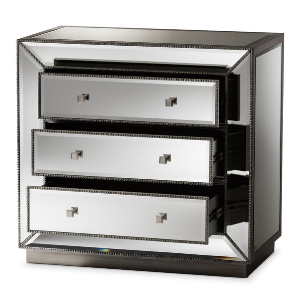 Baxton Studio Baxton Studio Edeline Glamour Mirrored 3-Drawer Cabinet with Beaded Trim & Crystal Pulls for Storage RXF-679